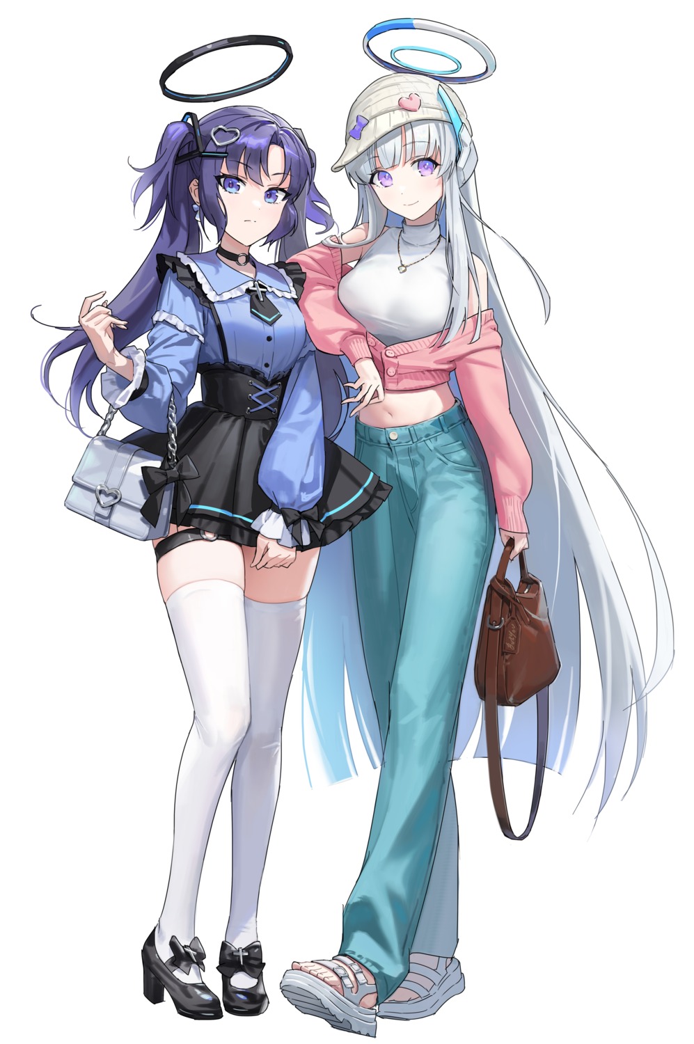 blue_archive, butyou_(mika1412), garter, halo, hayase_yuuka, heels, sweater, thighhighs, ushio_noa