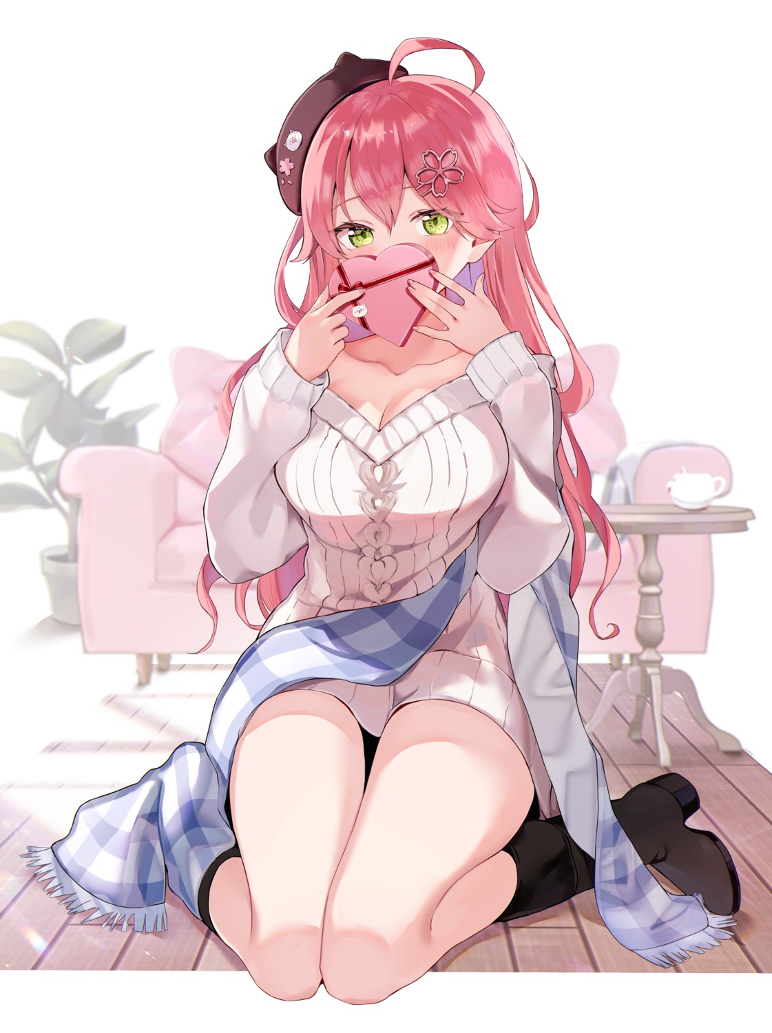 aya02ka, cleavage, dress, hololive, sakura_miko, sweater, valentine