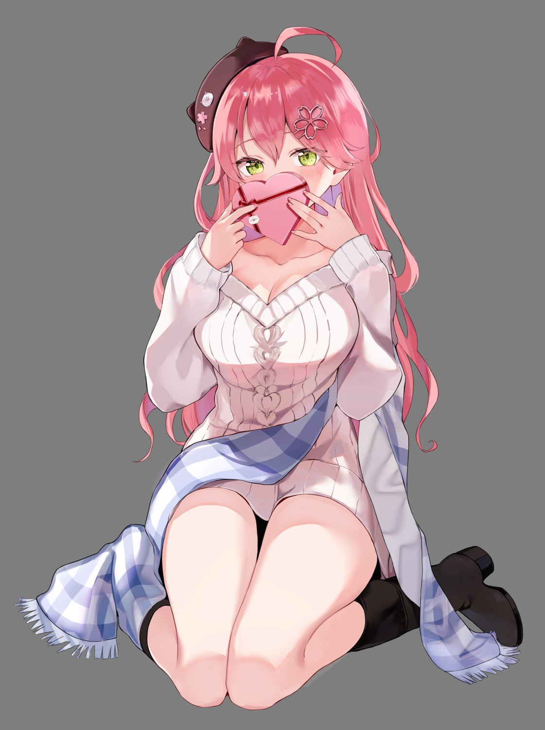 aya02ka, cleavage, dress, hololive, sakura_miko, sweater, transparent_png, valentine
