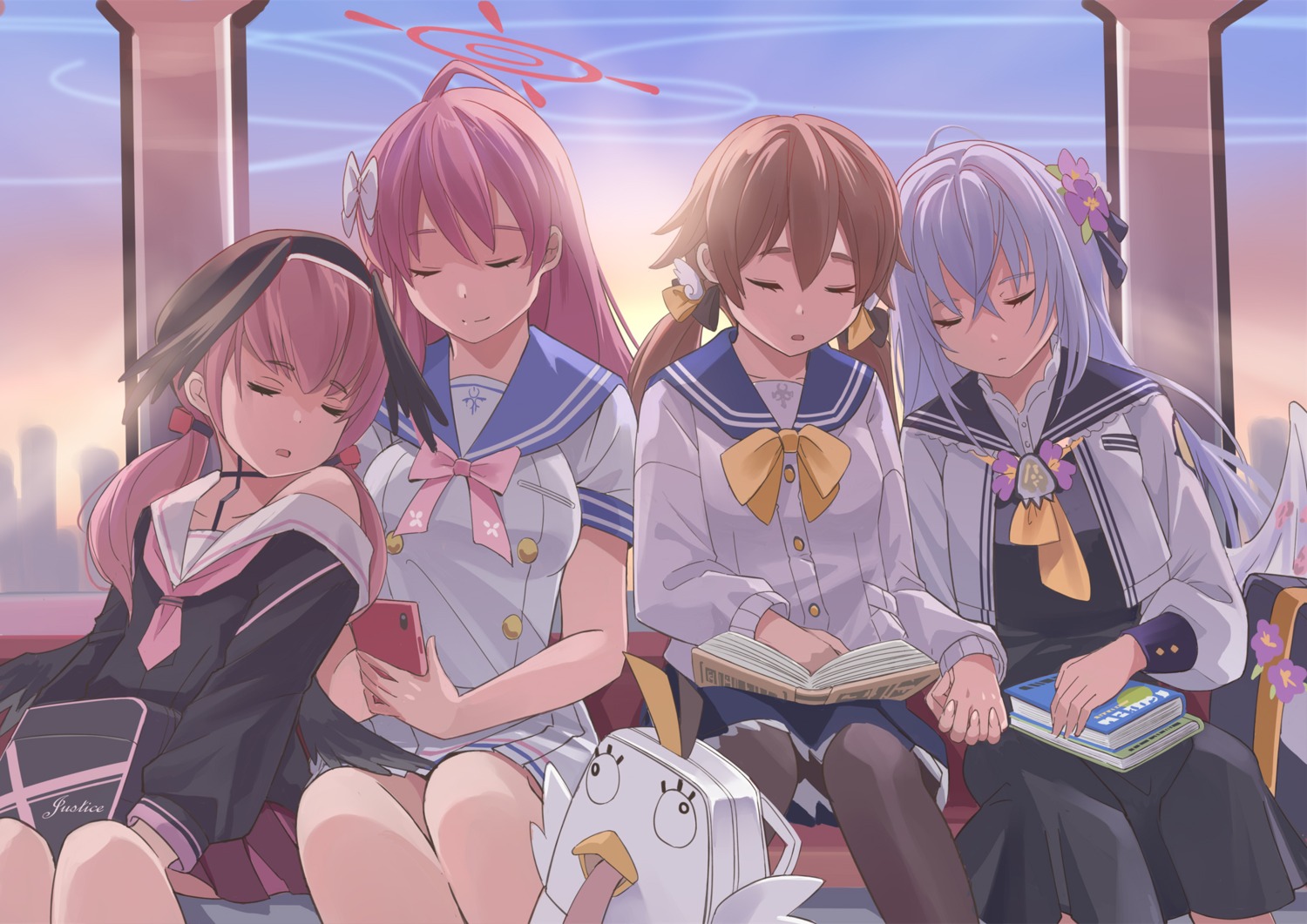 ajitani_hifumi, blue_archive, halo, pantyhose, seifuku, shimoe_koharu, shirasu_azusa, unkochan93, urawa_hanako, wings, yuri