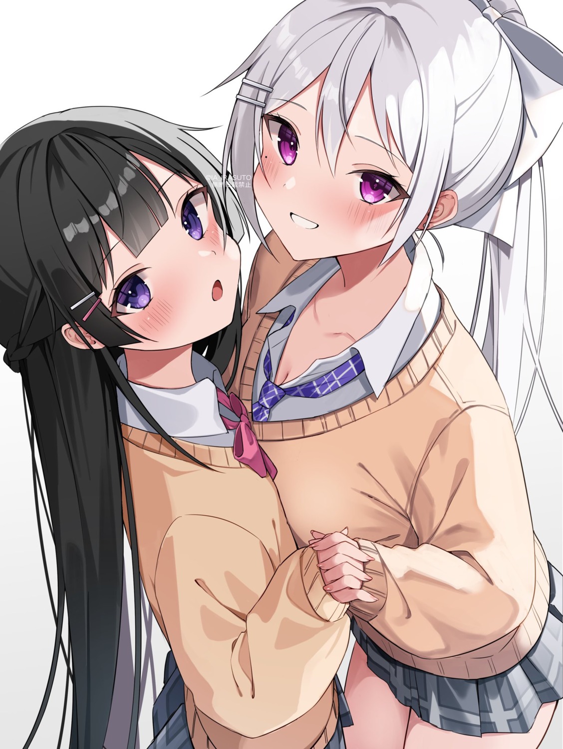 higuchi_kaede, ia_1928, nijisanji, seifuku, sweater, symmetrical_docking, tsukino_mito, yuri