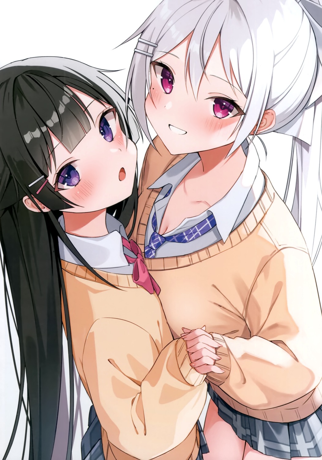 higuchi_kaede, ia_1928, nijisanji, seifuku, sweater, symmetrical_docking, tsukino_mito, yuri