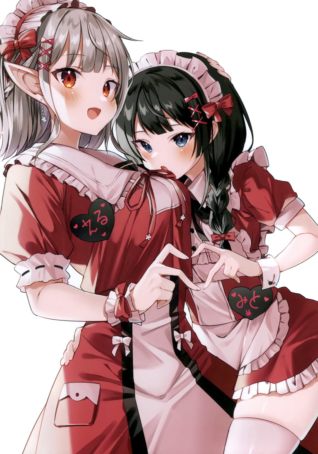 elu_(nijisanji), ia_1928, maid, nijisanji, pointy_ears, thighhighs, tsukino_mito, waitress, yuri