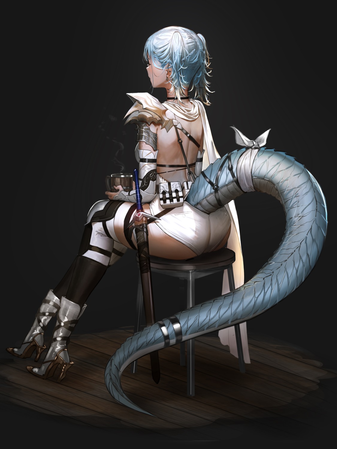 armor, ganet_p, garter, heels, monster_girl, no_bra, sword, tail, thighhighs