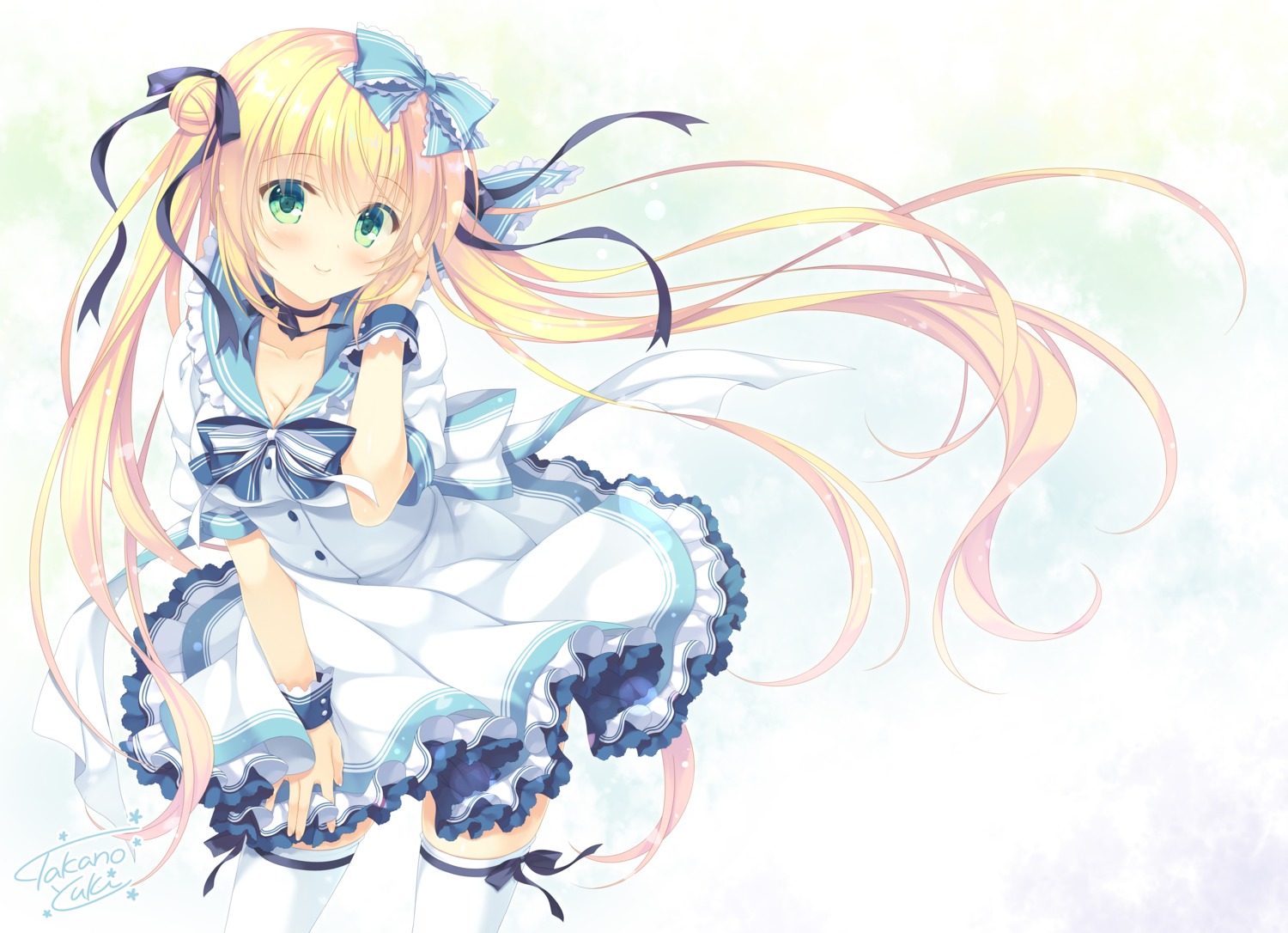 allegro_mistic, aria-chan, breast_hold, cleavage, dress, skirt_lift, takano_yuki, thighhighs