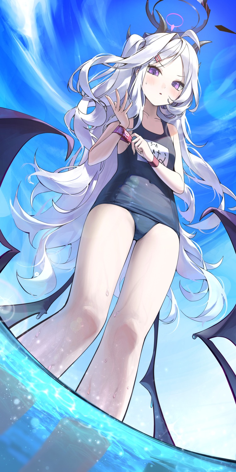 blue_archive, devil, halo, horns, sbgu, school_swimsuit, sorasaki_hina, swimsuits