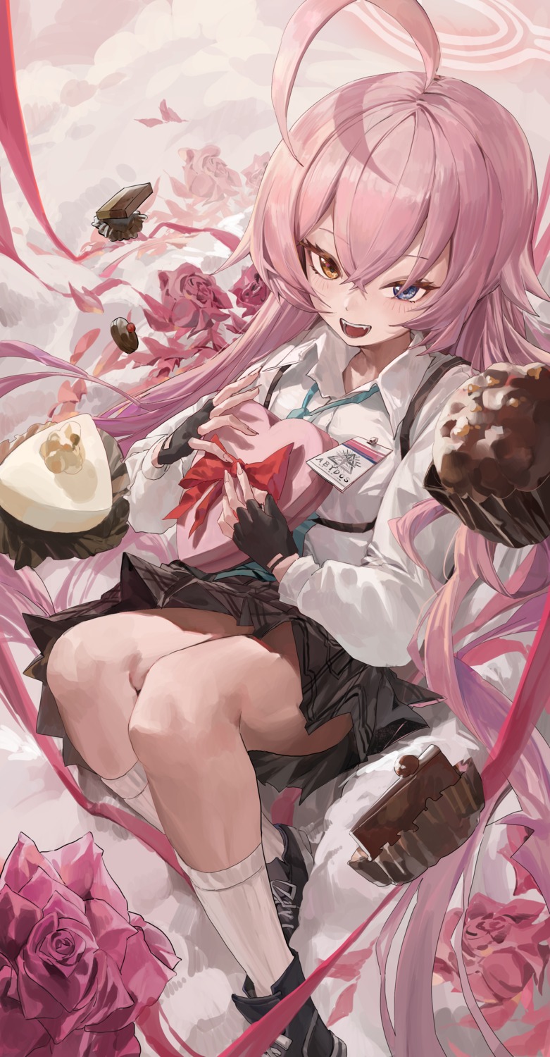 blue_archive, dainillust, halo, heterochromia, seifuku, skirt_lift, takanashi_hoshino, valentine