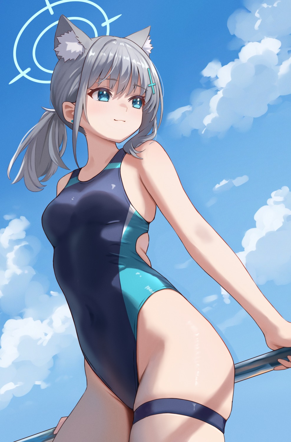 animal_ears, blue_archive, fanteam, garter, halo, nekomimi, sunaookami_shiroko, swimsuits