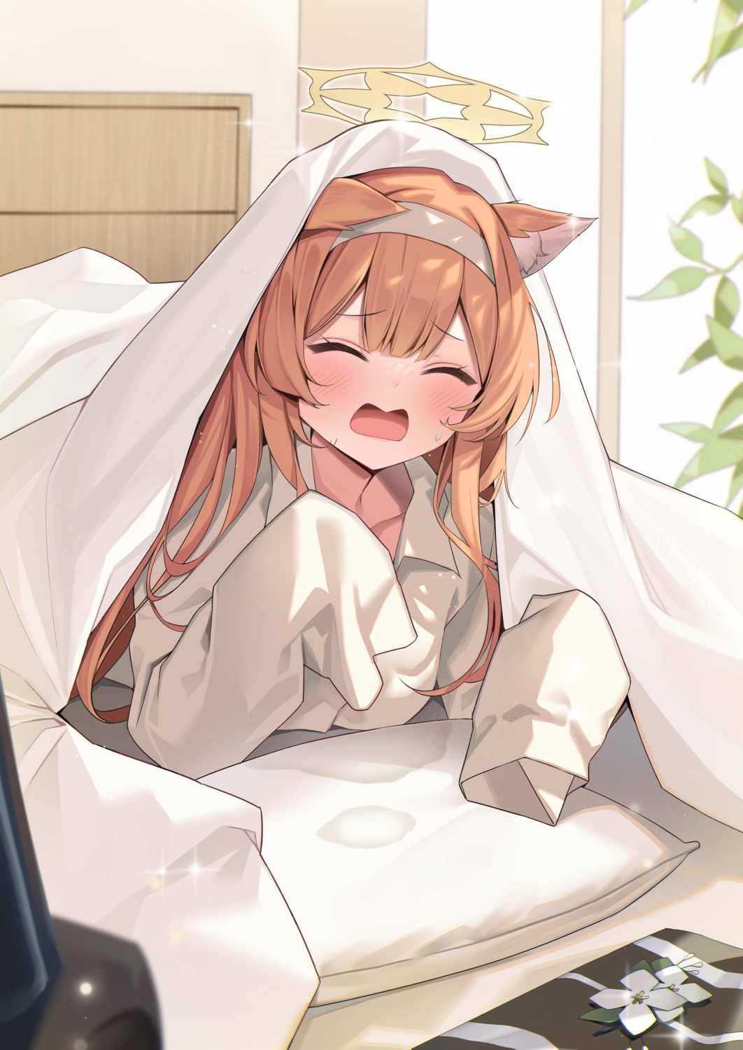 animal_ears, blue_archive, dress_shirt, halo, iochi_mari, kurobi_(netisz), nekomimi, sheets