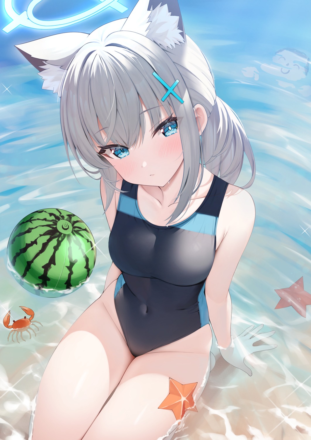 animal_ears, blue_archive, halo, nekomimi, rei_(ilust9999), sunaookami_shiroko, swimsuits, wet
