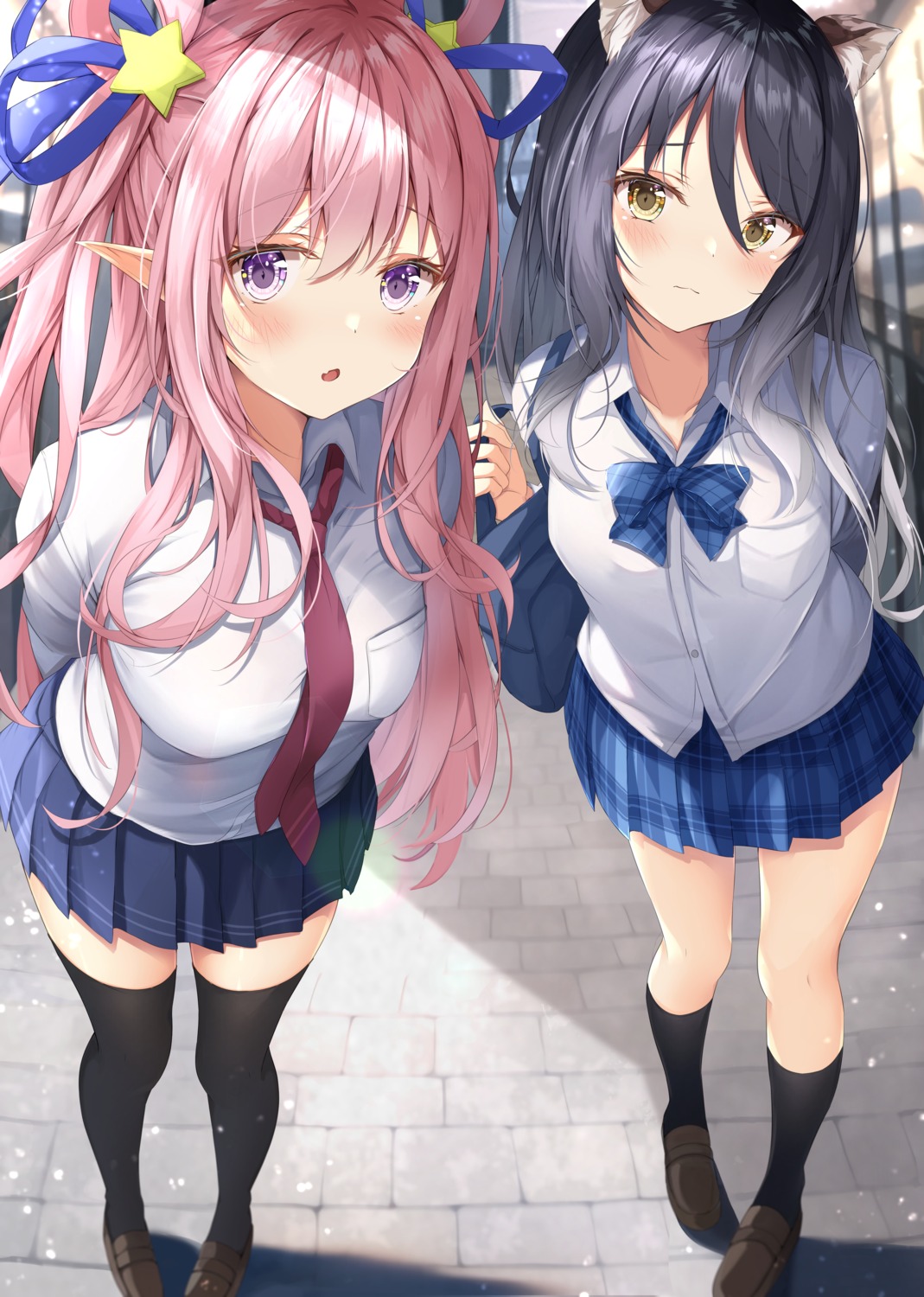 animal_ears, kashiwazaki_hatsune, kashiwazaki_shiori, pointy_ears, princess_connect!, princess_connect!_re:dive, rumiko_(rmeco), seifuku