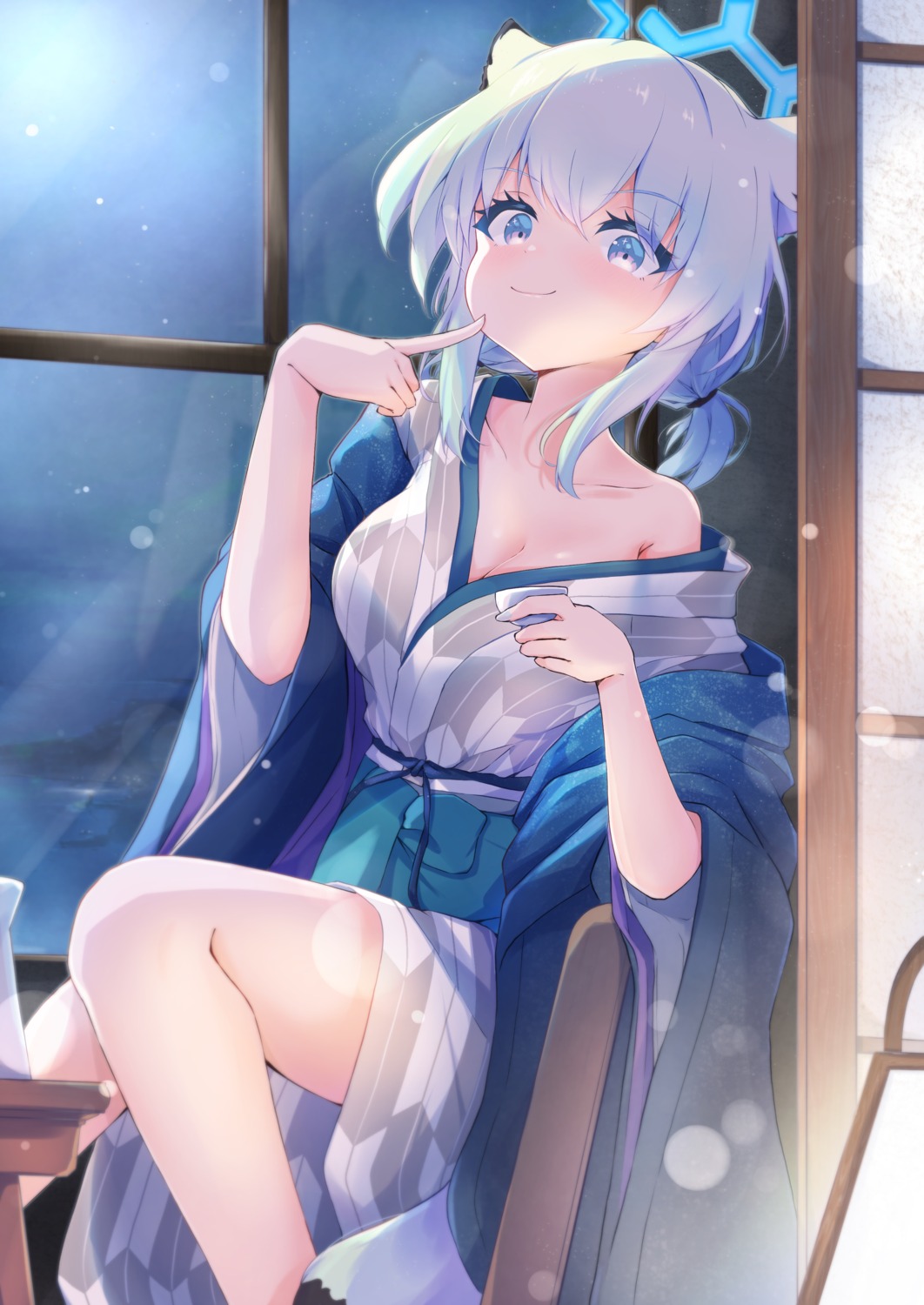 animal_ears, blue_archive, halo, karupa_(karupapon), mayoi_shigure, no_bra, open_shirt, sake, tail, yukata