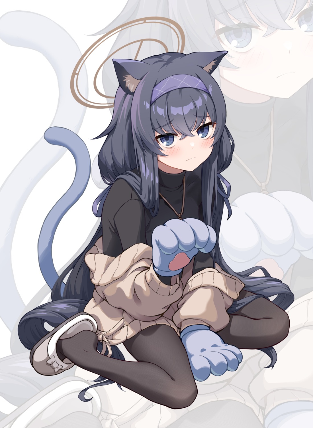 animal_ears, blue_archive, halo, kozeki_ui, nekomimi, pantyhose, sweater, tail, yeogpu_(seung832222)