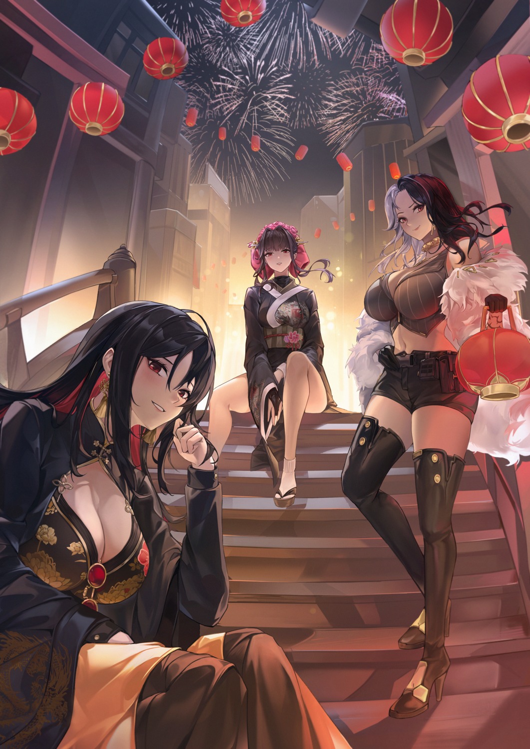 asian_clothes, eru_(eru_illust), goddess_of_victory:_nikke, heels, japanese_clothes, moran_(nikke), rosanna_(nikke), sakura_(nikke)