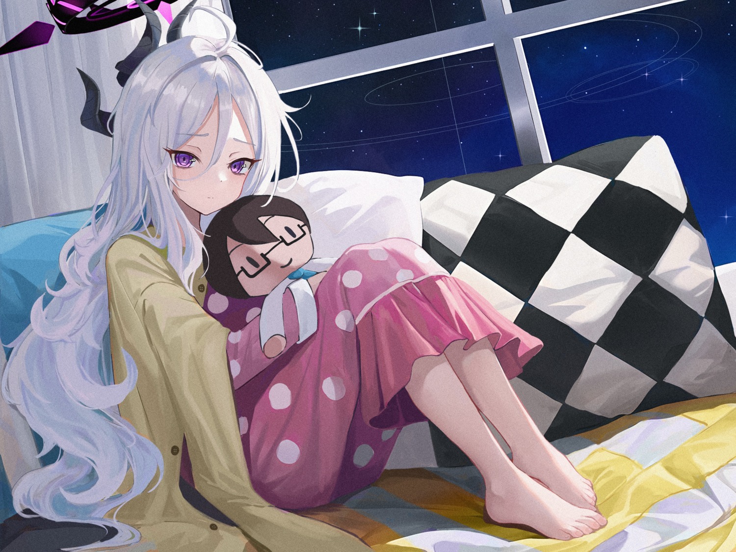 astelia, blue_archive, chibi, halo, horns, pajama, sorasaki_hina
