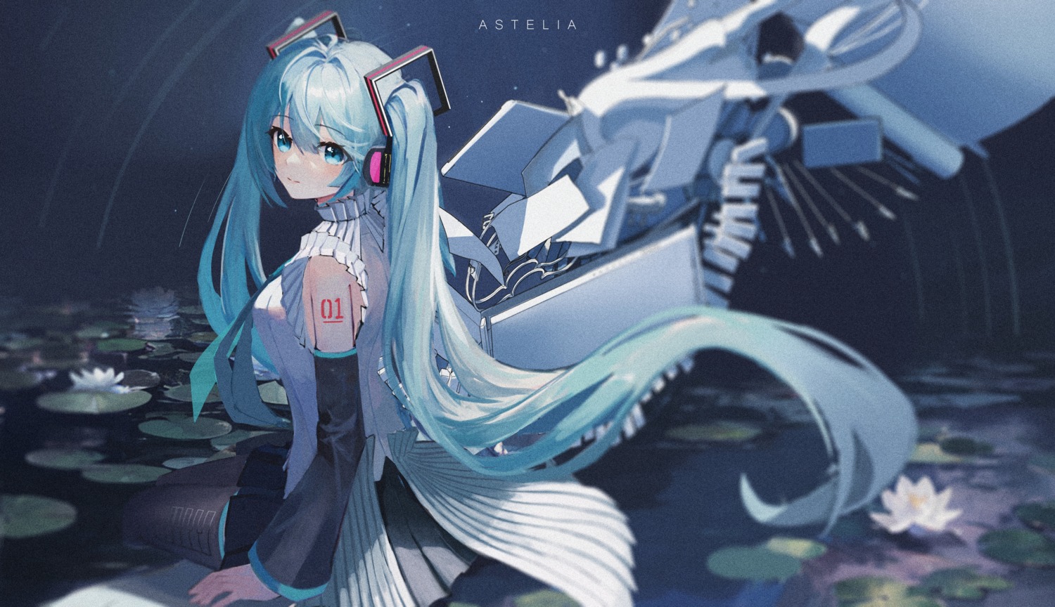 astelia, hatsune_miku, headphones, tattoo, thighhighs, vocaloid, wet
