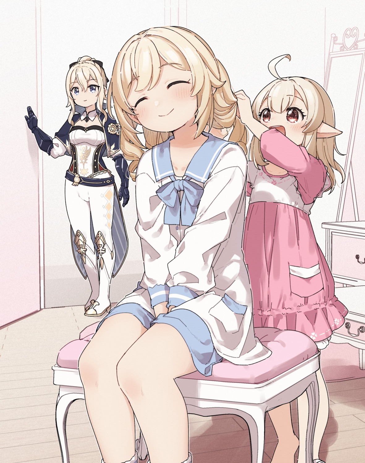 barbara_(genshin_impact), genshin_impact, heels, jean_gunnhildr, klee, kusaka_shi, pajama, pointy_ears
