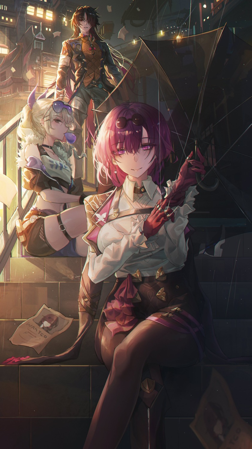 garter, honkai:_star_rail, kafka_(honkai:_star_rail), megane, pantyhose, silver_wolf_(honkai:_star_rail), turbulence, umbrella