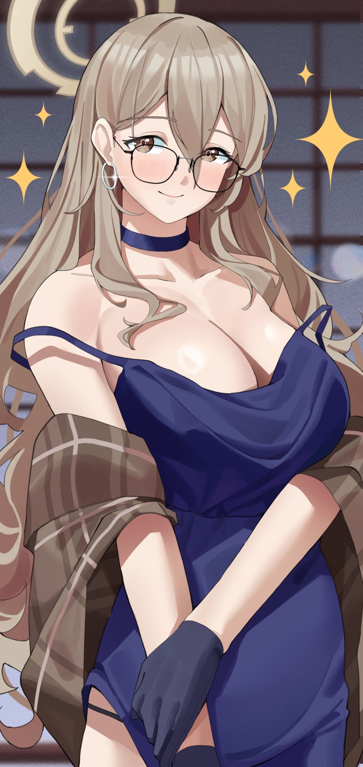 blue_archive, dress, haerge, halo, megane, murokasa_akane, no_bra