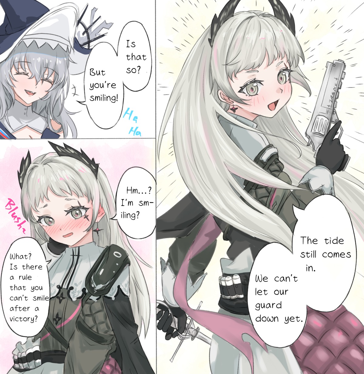 arknights, gun, irene_(arknights), runyo_(yale12312), specter_(arknights), sword