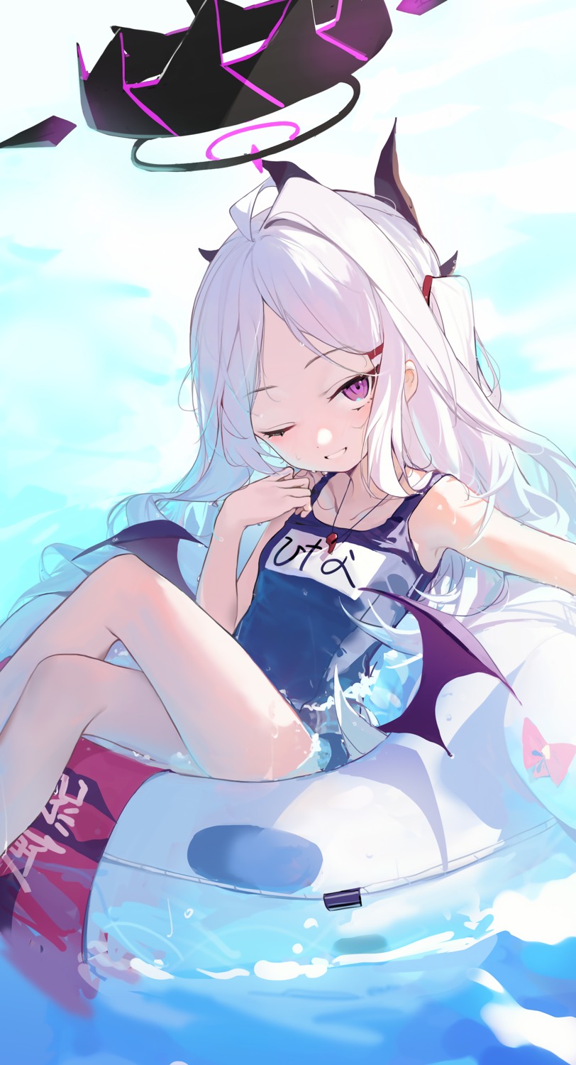 blue_archive, devil, halo, horns, school_swimsuit, shenqi_de_(9), sorasaki_hina, swimsuits