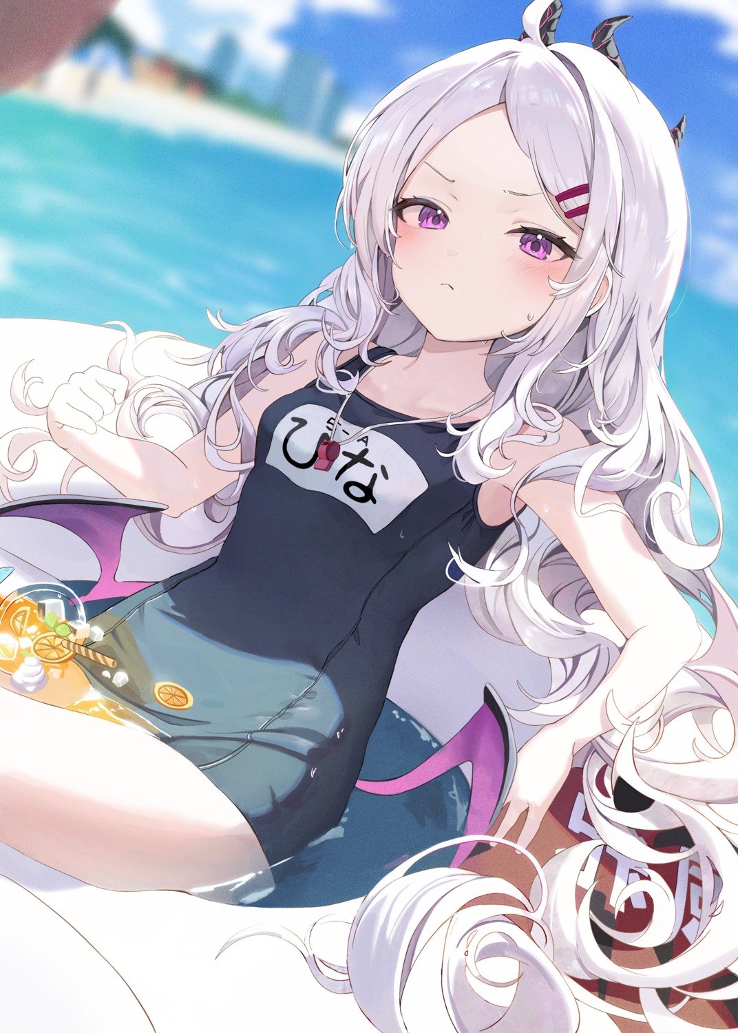 blue_archive, devil, ellaje, horns, school_swimsuit, sorasaki_hina, swimsuits, wet