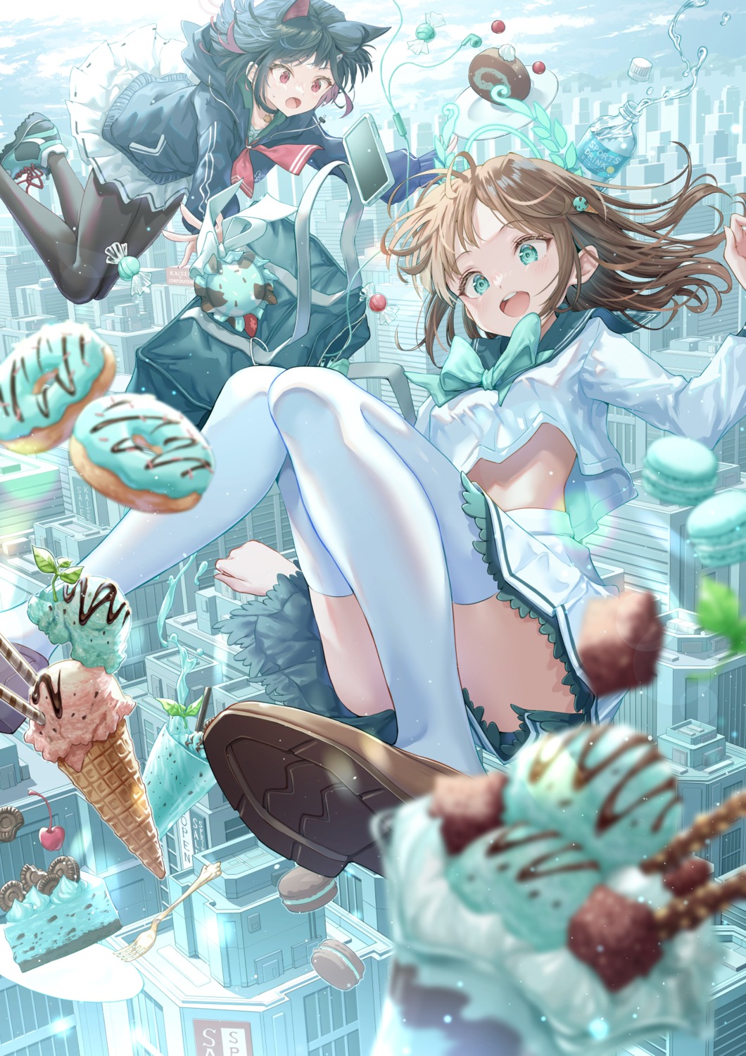 animal_ears, blue_archive, halo, hirokazu_(analysis-depth), kurimura_airi, kyouyama_kazusa, nekomimi, pantyhose