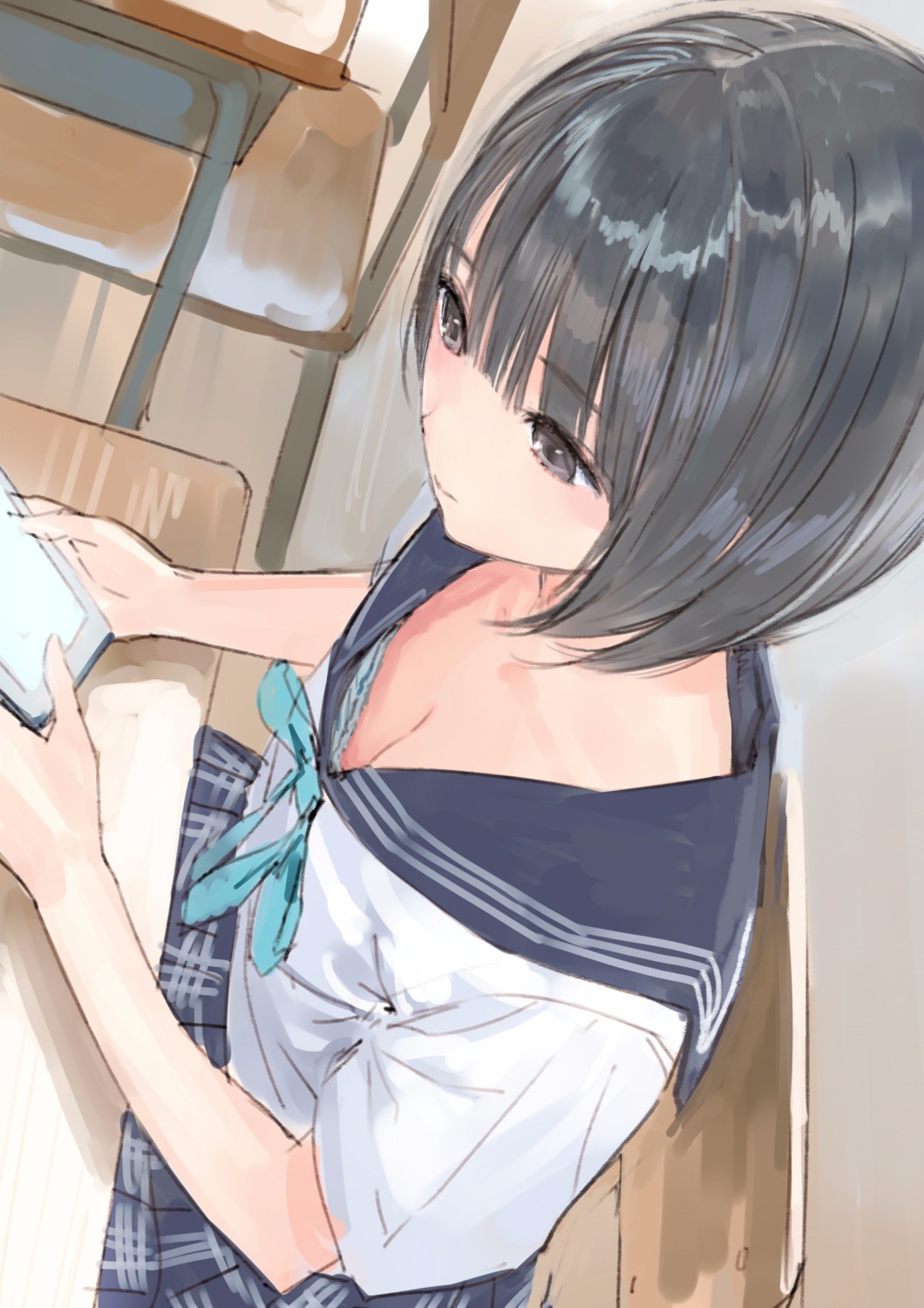 blue_reflection, bra, cleavage, kishida_mel, koei_tecmo, seifuku, shirai_hinako, sketch