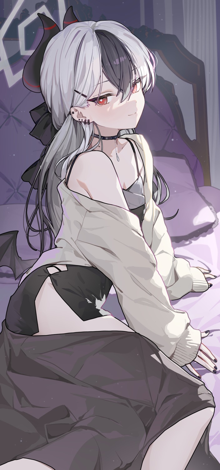 blue_archive, devil, dress, halo, horns, ningen_mame, onikata_kayoko, sheets