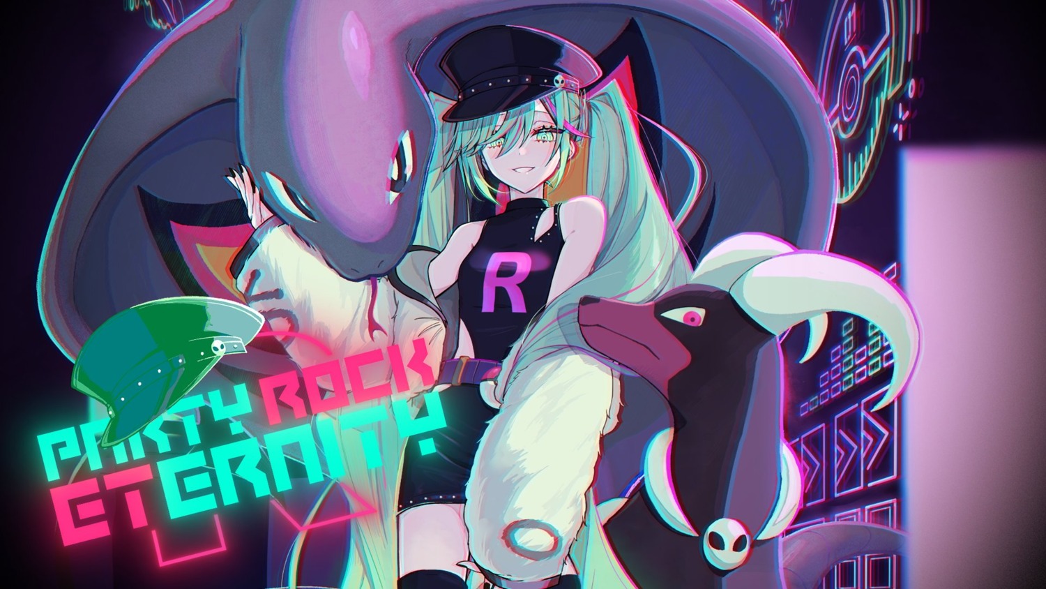 akakura, arbok, crossover, hatsune_miku, houndoom, pokemon, thighhighs, vocaloid