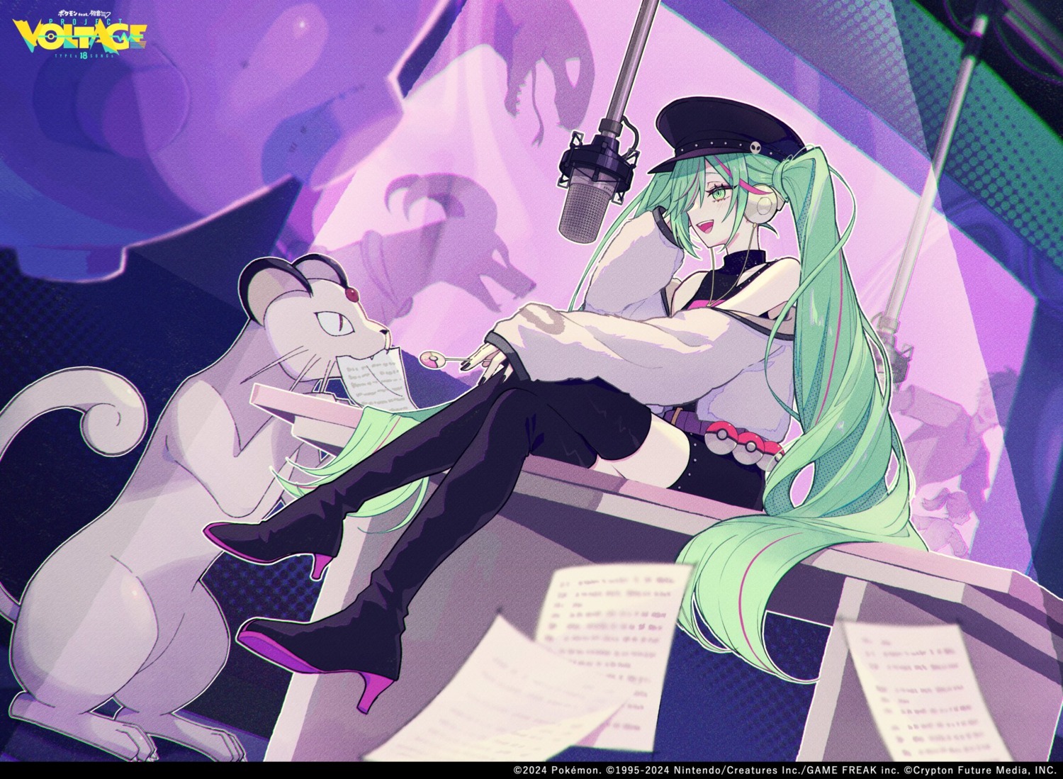 akakura, arbok, crossover, hatsune_miku, headphones, heels, houndoom, persian