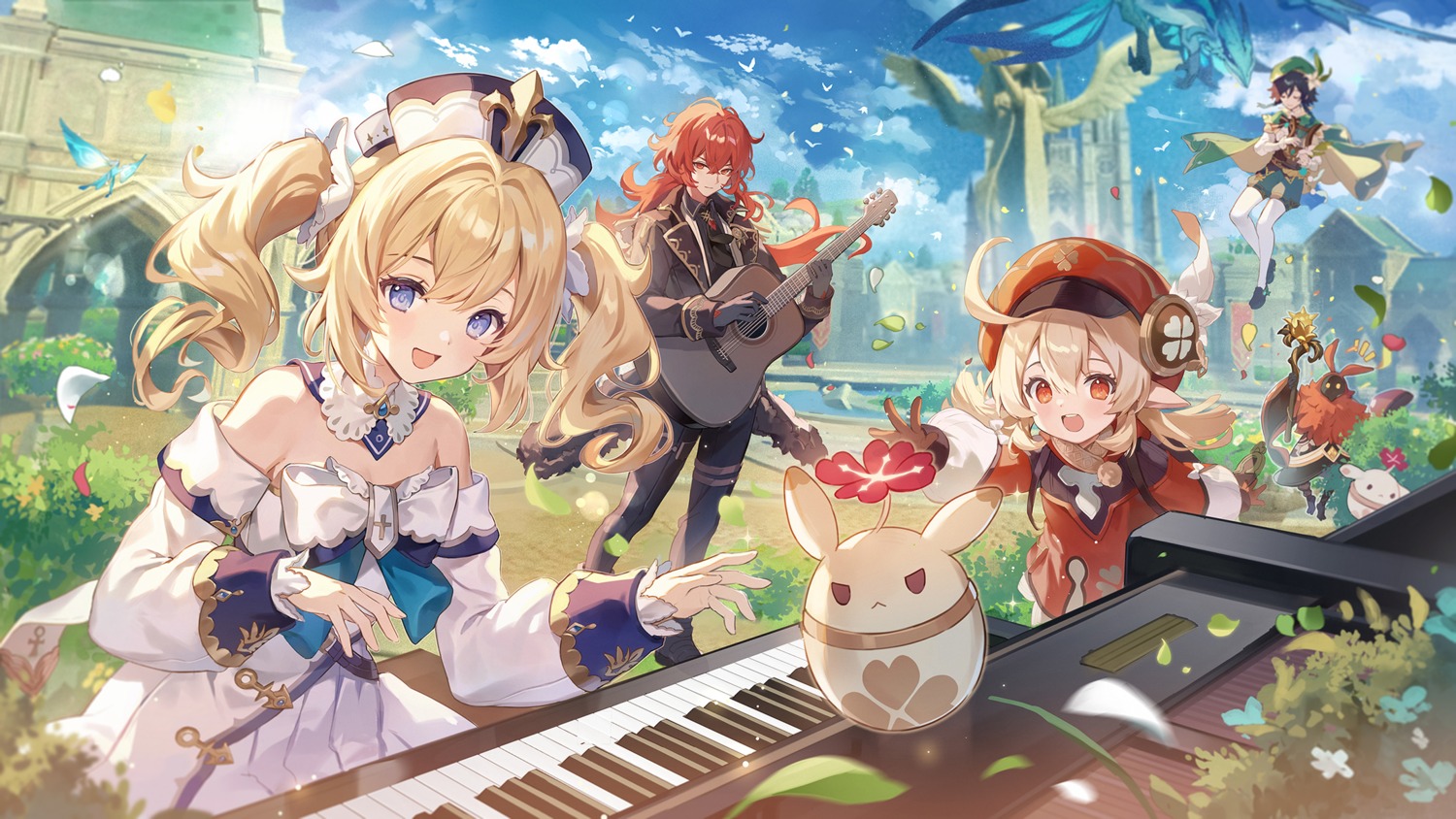 barbara_(genshin_impact), genshin_impact, guitar, klee, pointy_ears, venti, yeonwa