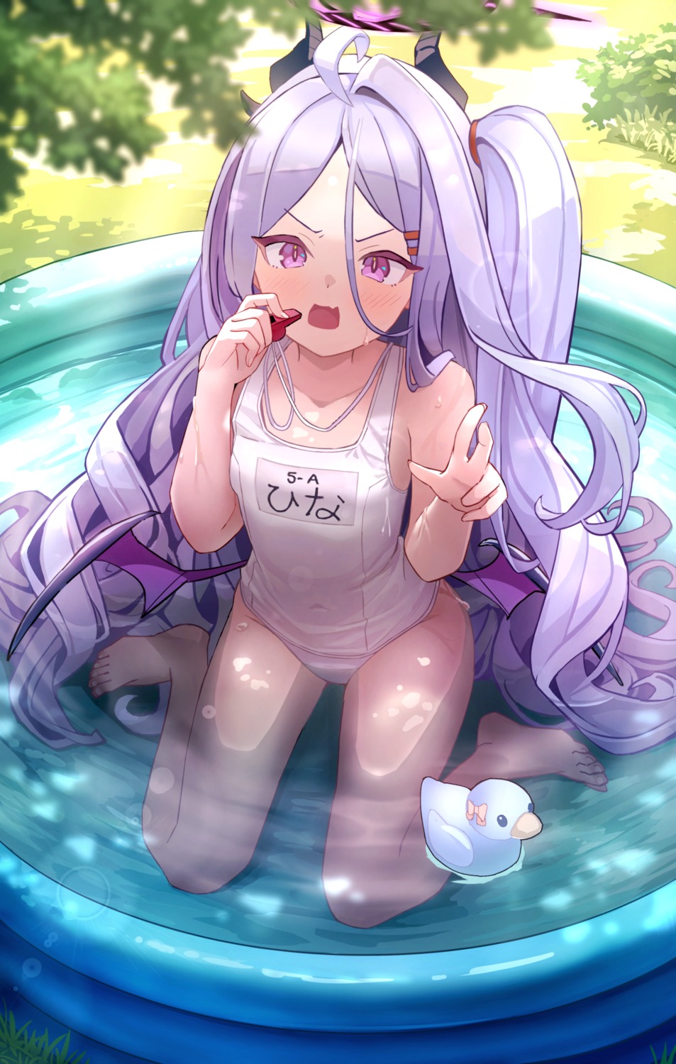 blue_archive, devil, halo, horns, nomio, school_swimsuit, sorasaki_hina, swimsuits