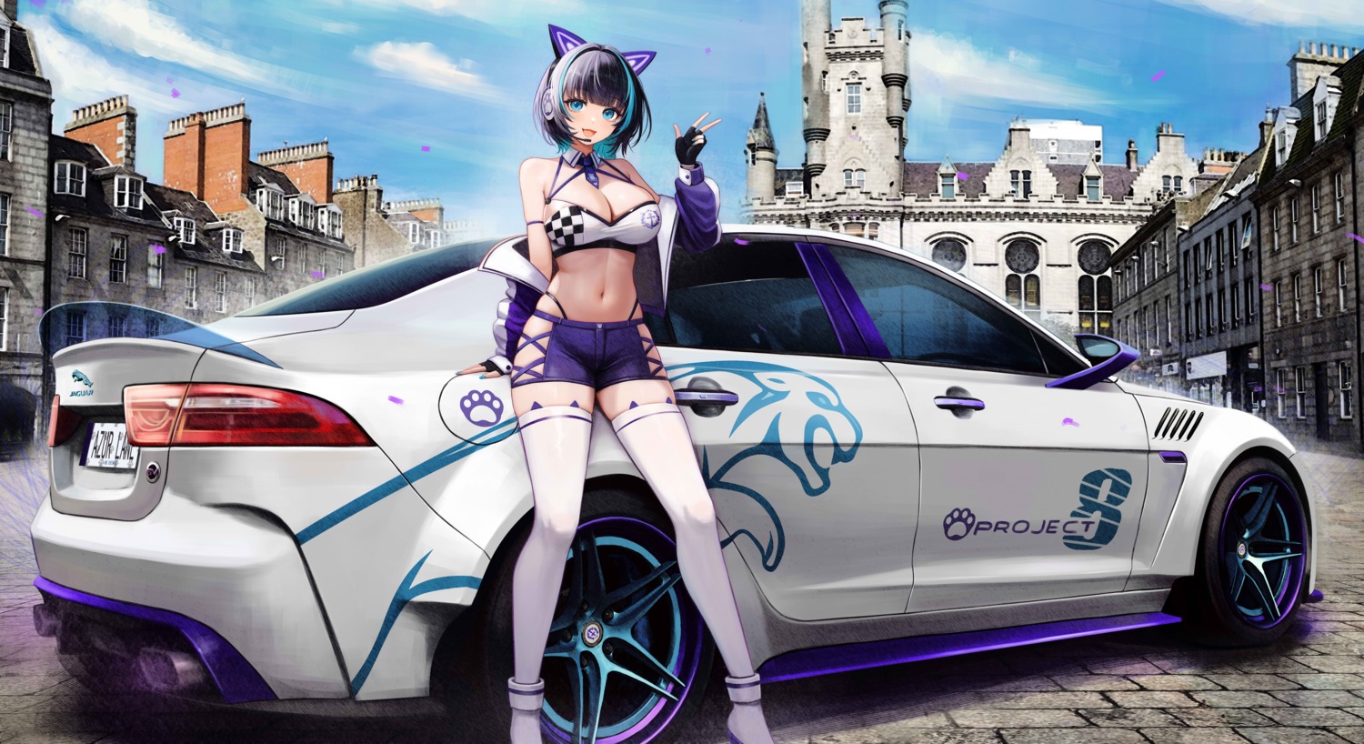 animal_ears, azur_lane, cheshire_(azur_lane), headphones, kcar66t, nekomimi, no_bra, thighhighs