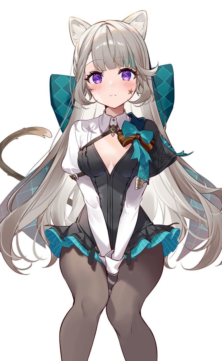 animal_ears, genshin_impact, kisaragi_yuri, lynette, nekomimi, no_bra, pantyhose, tail, tattoo