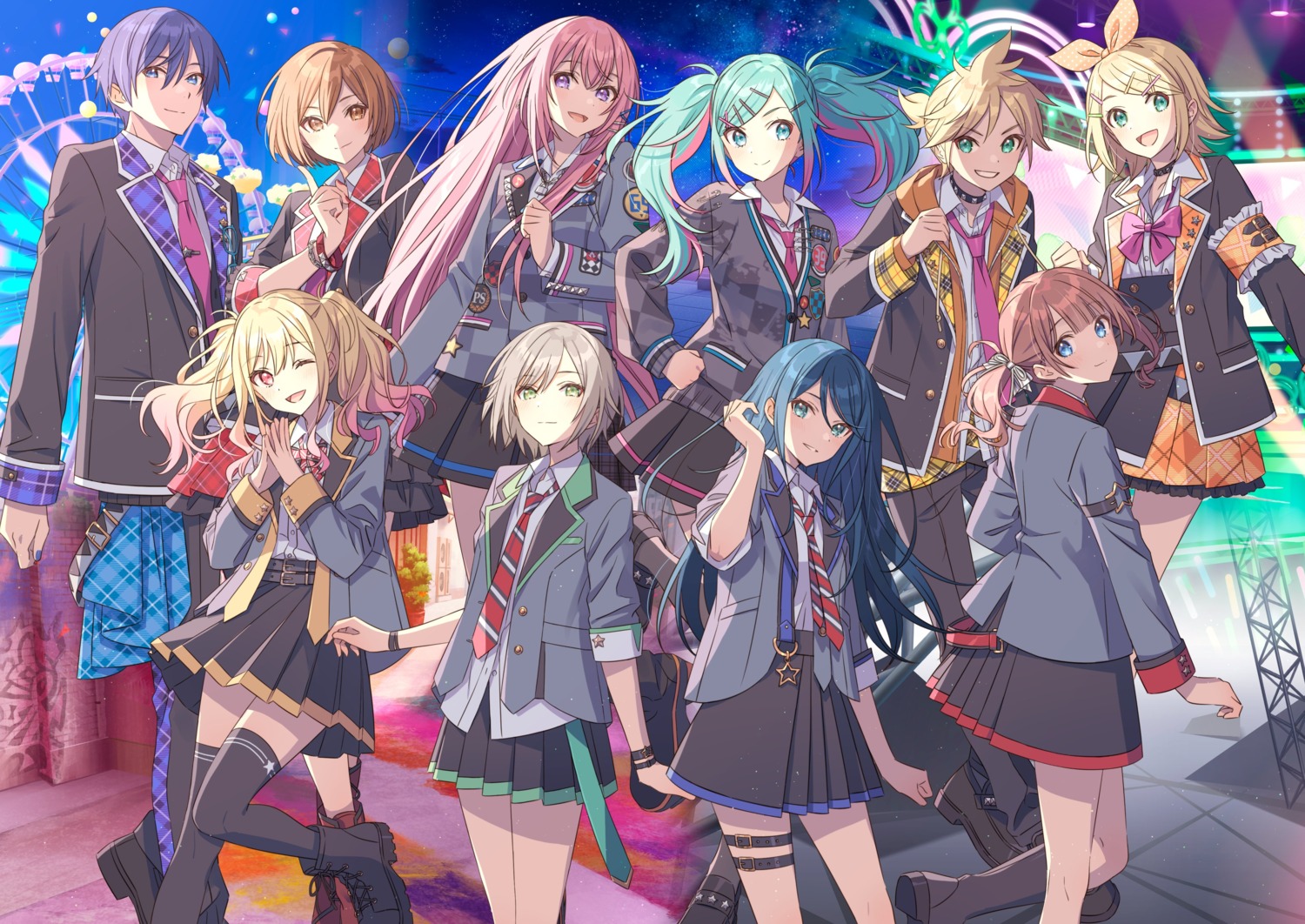 garter, hatsune_miku, hechima, hinomori_shiho, hoshino_ichika_(project_sekai), kagamine_len, kagamine_rin, kaito