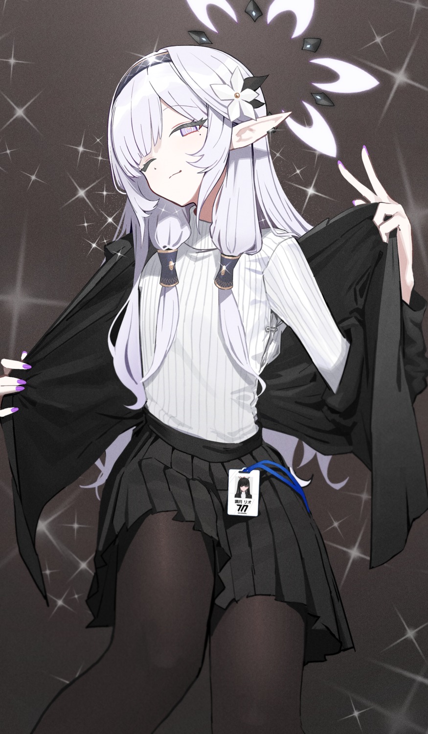 akeboshi_himari, blue_archive, business_suit, cosplay, halo, pantyhose, pointy_ears, skirt_lift