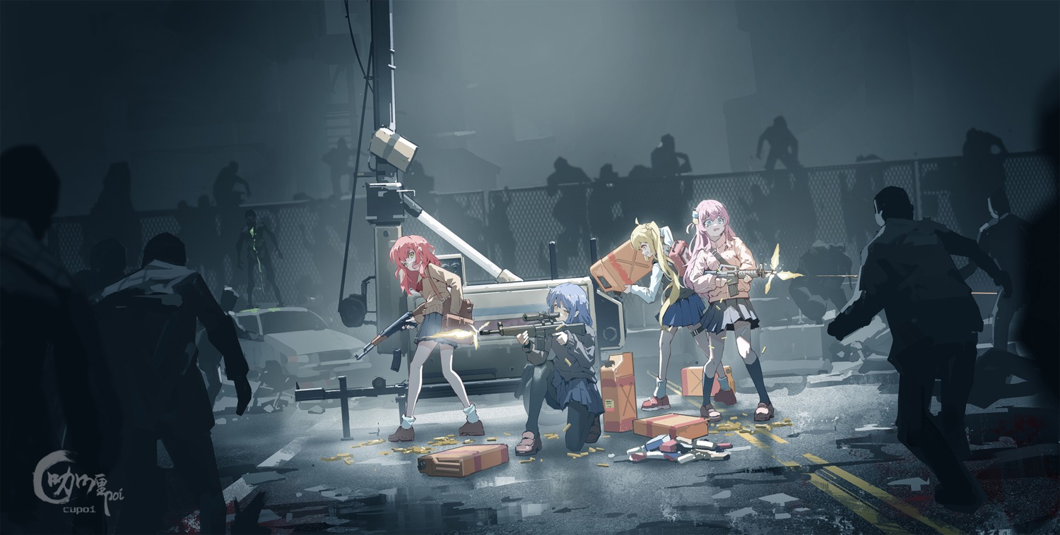 bandaid, bocchi_the_rock!, chigalidepoi, garter, gotou_hitori, gun, gym_uniform, ijichi_nijika