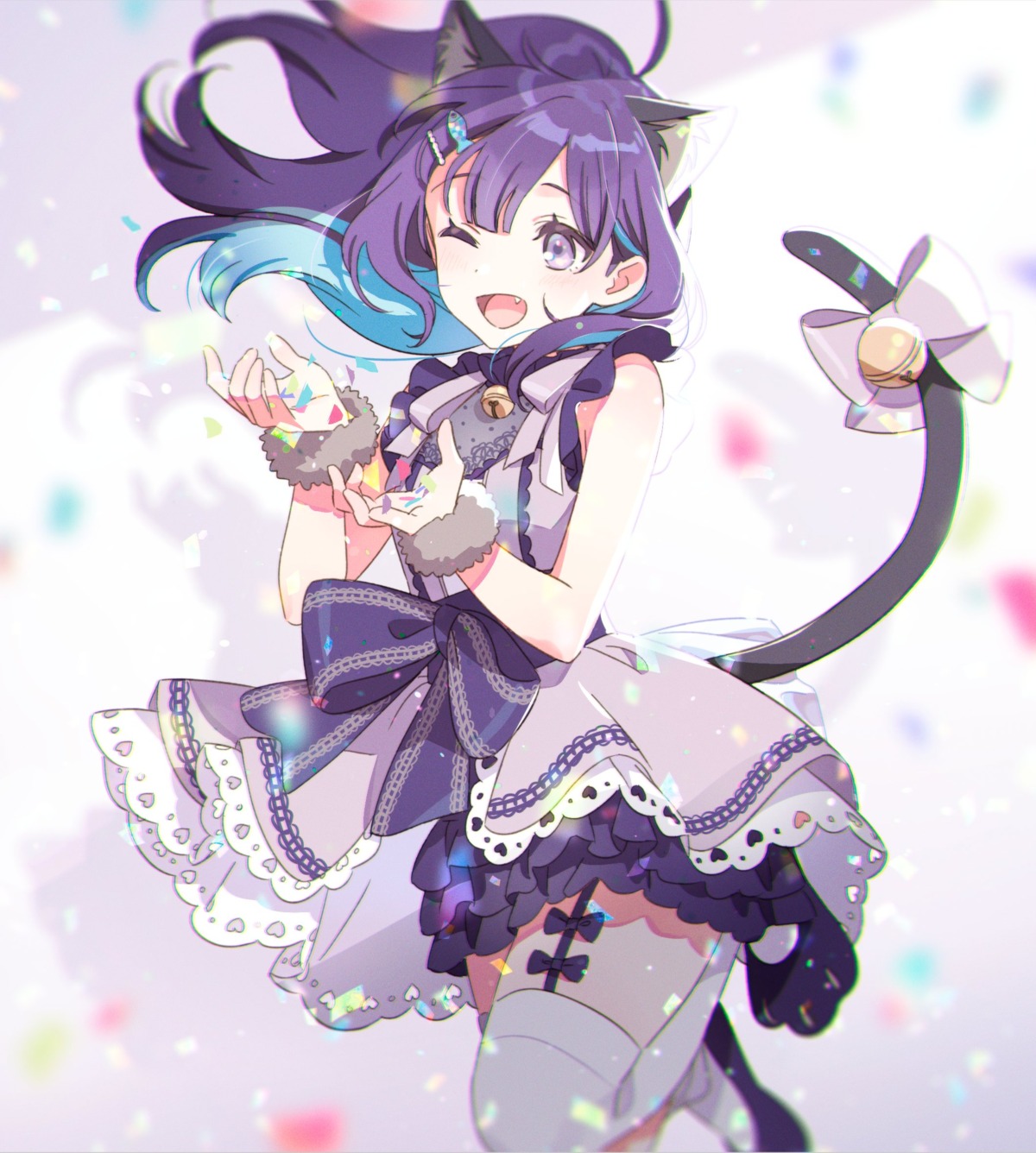 animal_ears, dress, hanayori_joshiryou, hechima, kohigashi_hitona, nekomimi, see_through, stockings, tail, thighhighs
