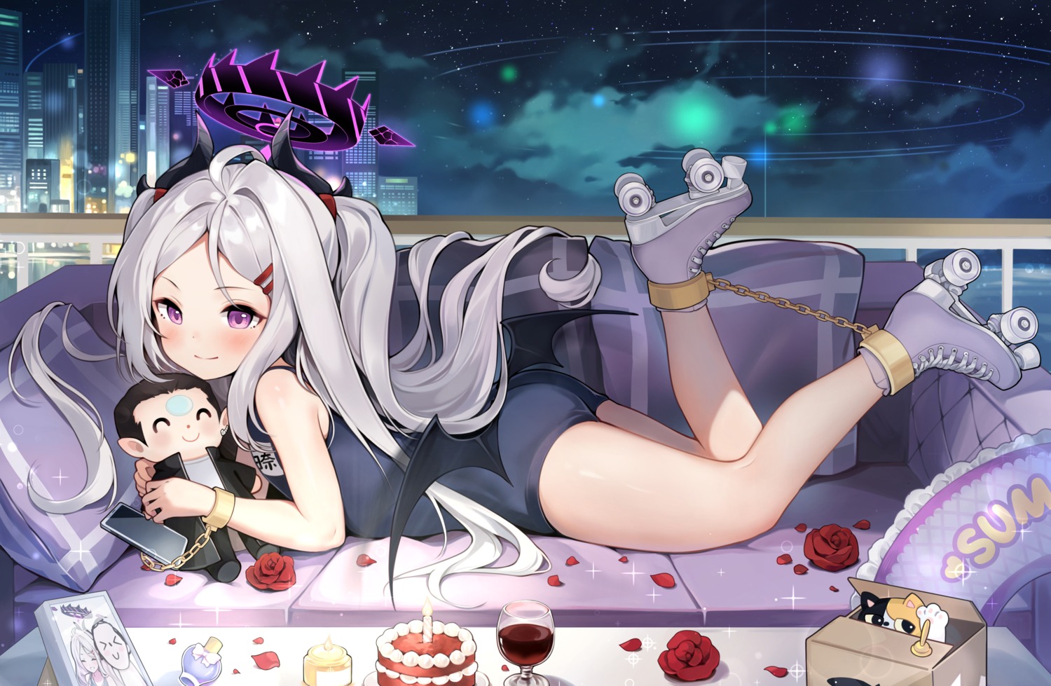 blue_archive, bondage, chibi, devil, halo, horns, okazakileo, school_swimsuit, sorasaki_hina, swimsuits, wings