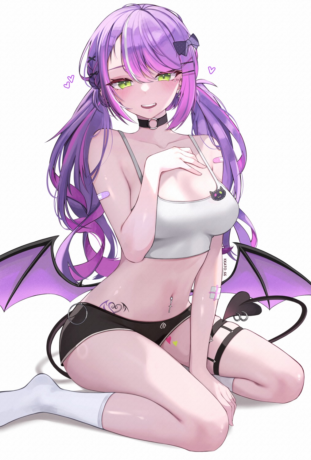 bandaid, garter, hololive, kkato, tail, tattoo, tokoyami_towa, wings