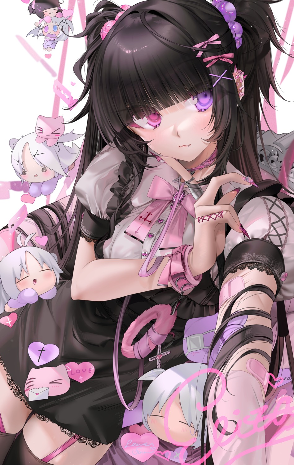 bandaid, chibi, eliza_(unxi), heterochromia, selfie, stockings, thighhighs, unxi