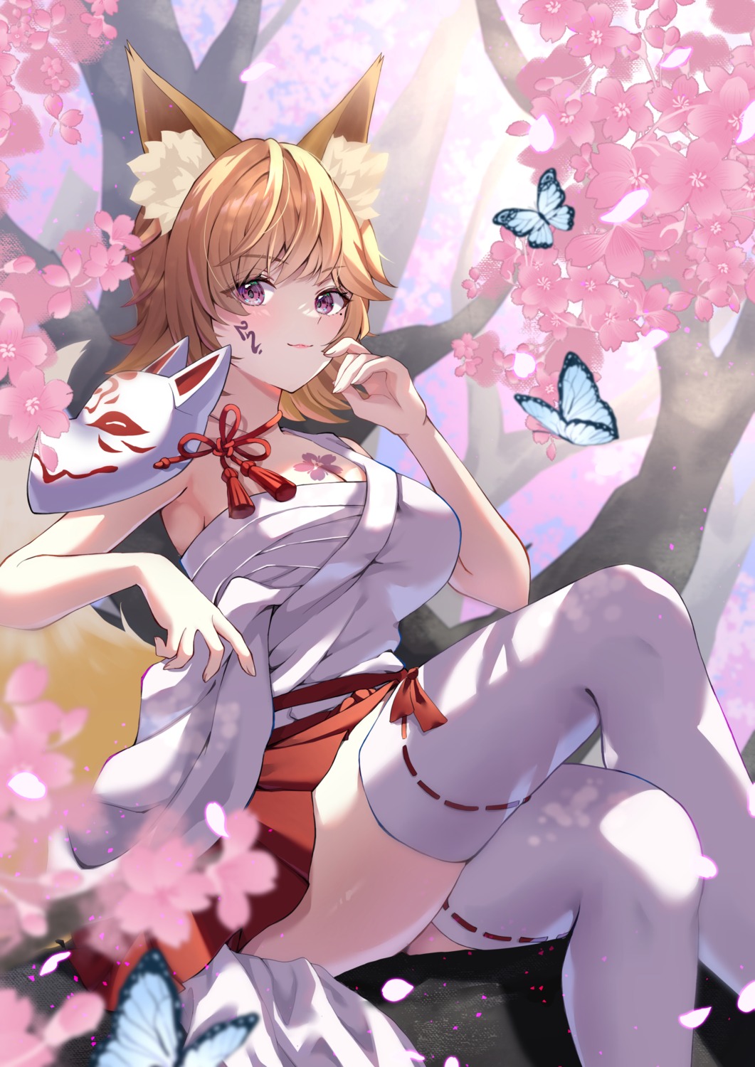 animal_ears, japanese_clothes, sarashi, tattoo, thighhighs, wanatsu_15