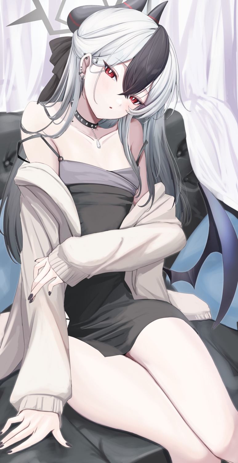 blue_archive, cafenami, devil, dress, halo, horns, no_bra, onikata_kayoko, sweater, wings