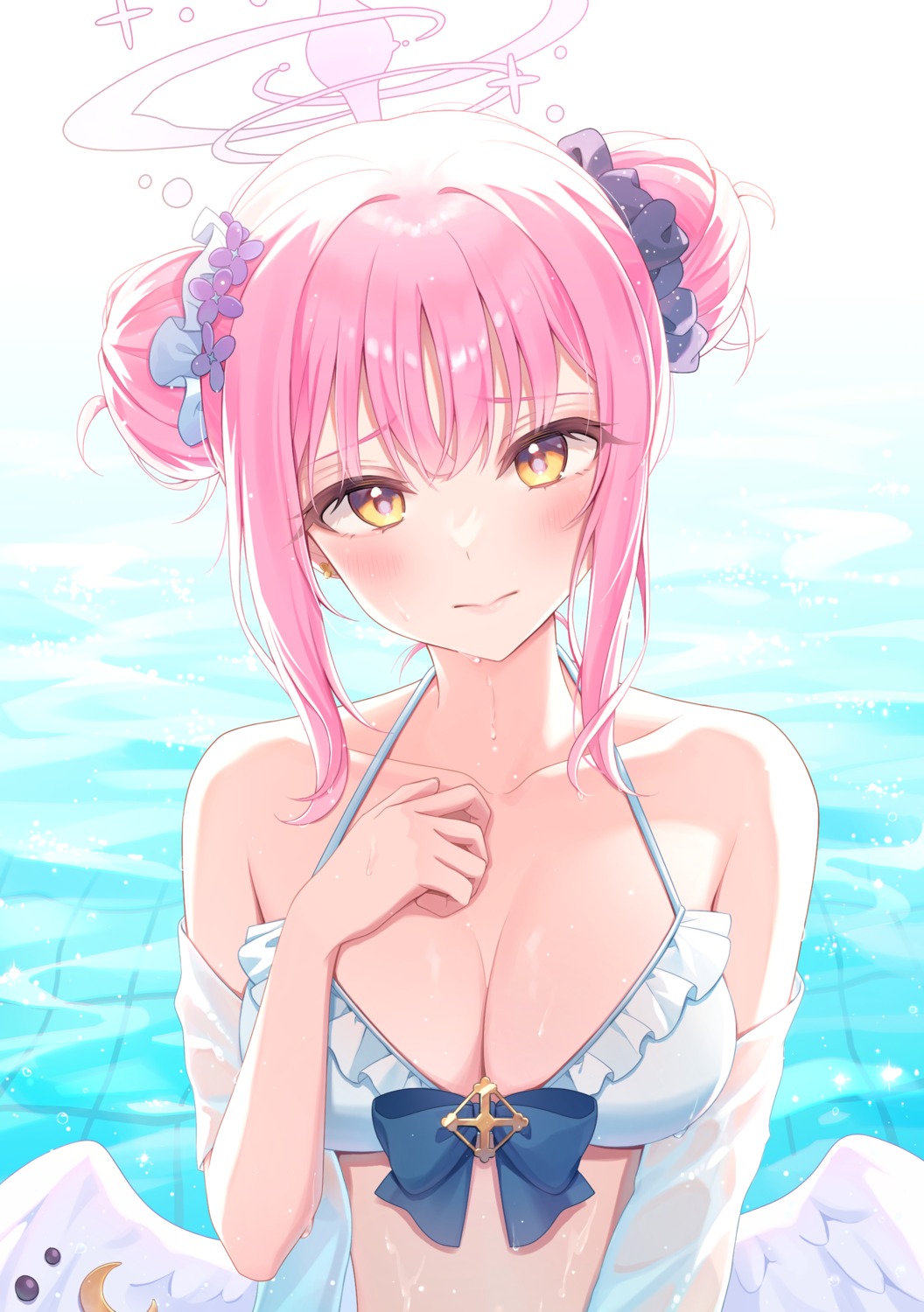 angel, bikini_top, blue_archive, gloria_(gloriao3o), misono_mika, open_shirt, see_through, swimsuits, wet, wet_clothes, wings