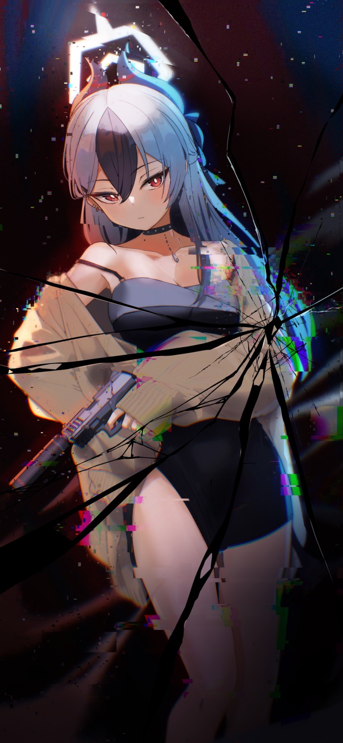 blue_archive, dress, gun, halo, horns, no_bra, onikata_kayoko, patanda, sweater