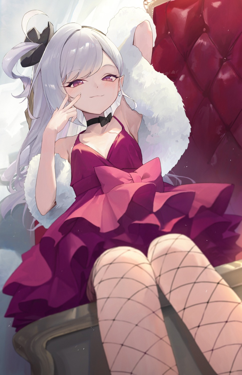 asagi_mutsuki, blue_archive, cleavage, dress, enokinoko1010, fishnets, pantyhose, pointy_ears