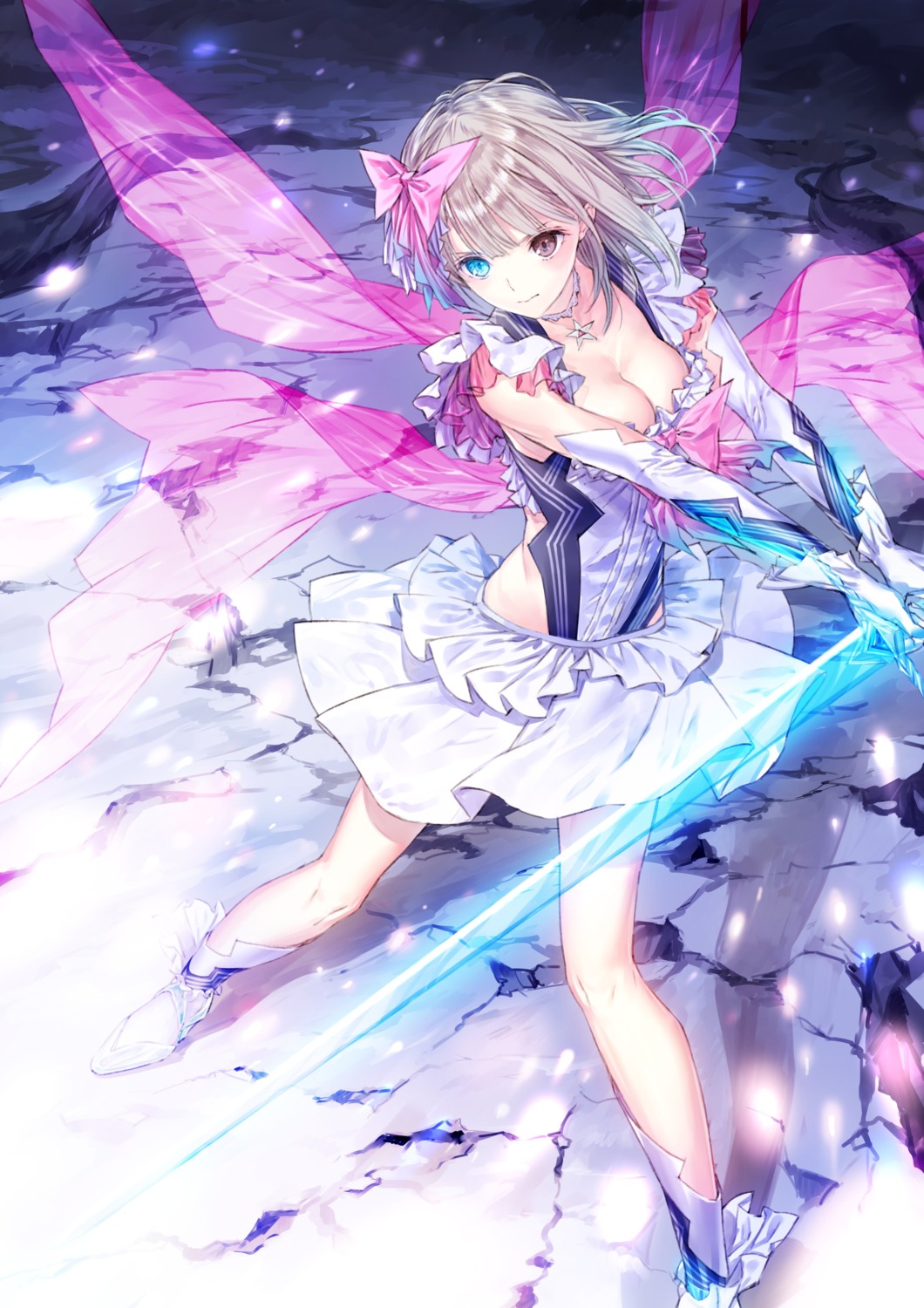 blue_reflection, cleavage, heels, heterochromia, kishida_mel, koei_tecmo, shirai_hinako, sword