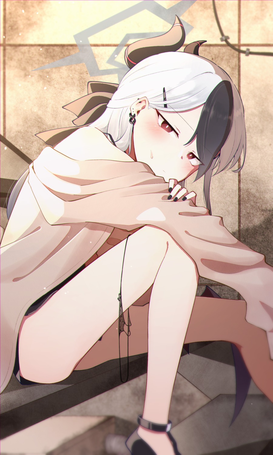 blue_archive, devil, halo, horns, ki_no_nekko, onikata_kayoko, pantsu, panty_pull, string_panties, sweater, wings