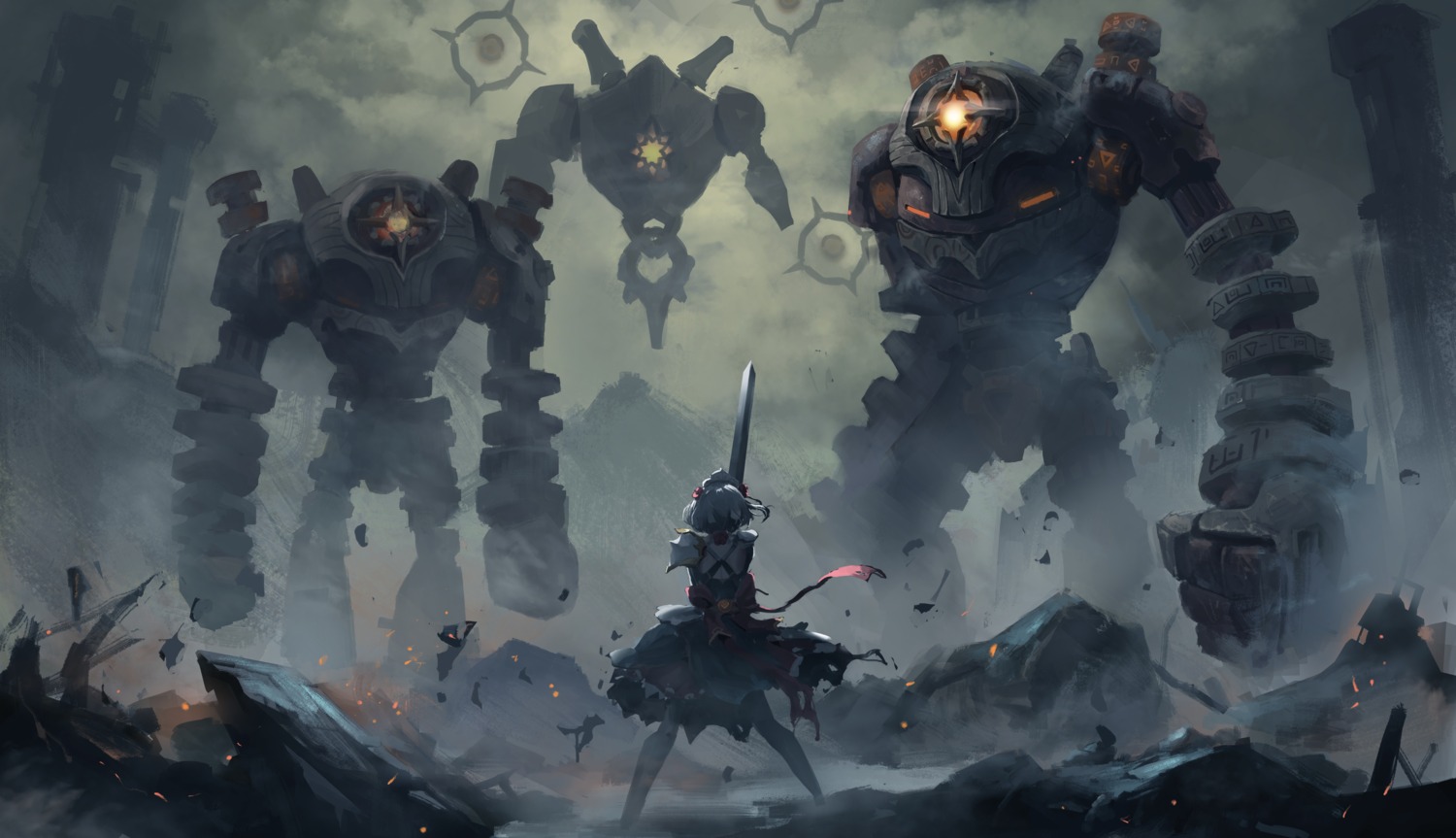 armor, chigalidepoi, genshin_impact, landscape, maid, mecha, noelle_(genshin_impact), sword